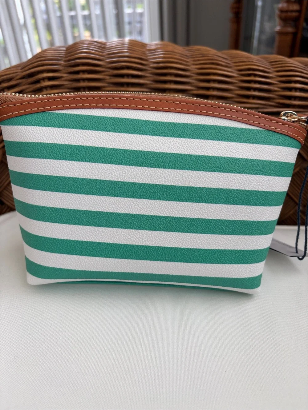 NWT - Dooney & Bourke Seafoam Striped Leather-Trim Cosmetic Pouch